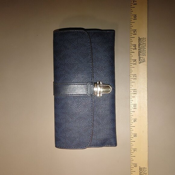 Michael Kors Long Wallet Navy Blue Leather Snap Closure Multiple Card Slots - Picture 3 of 8